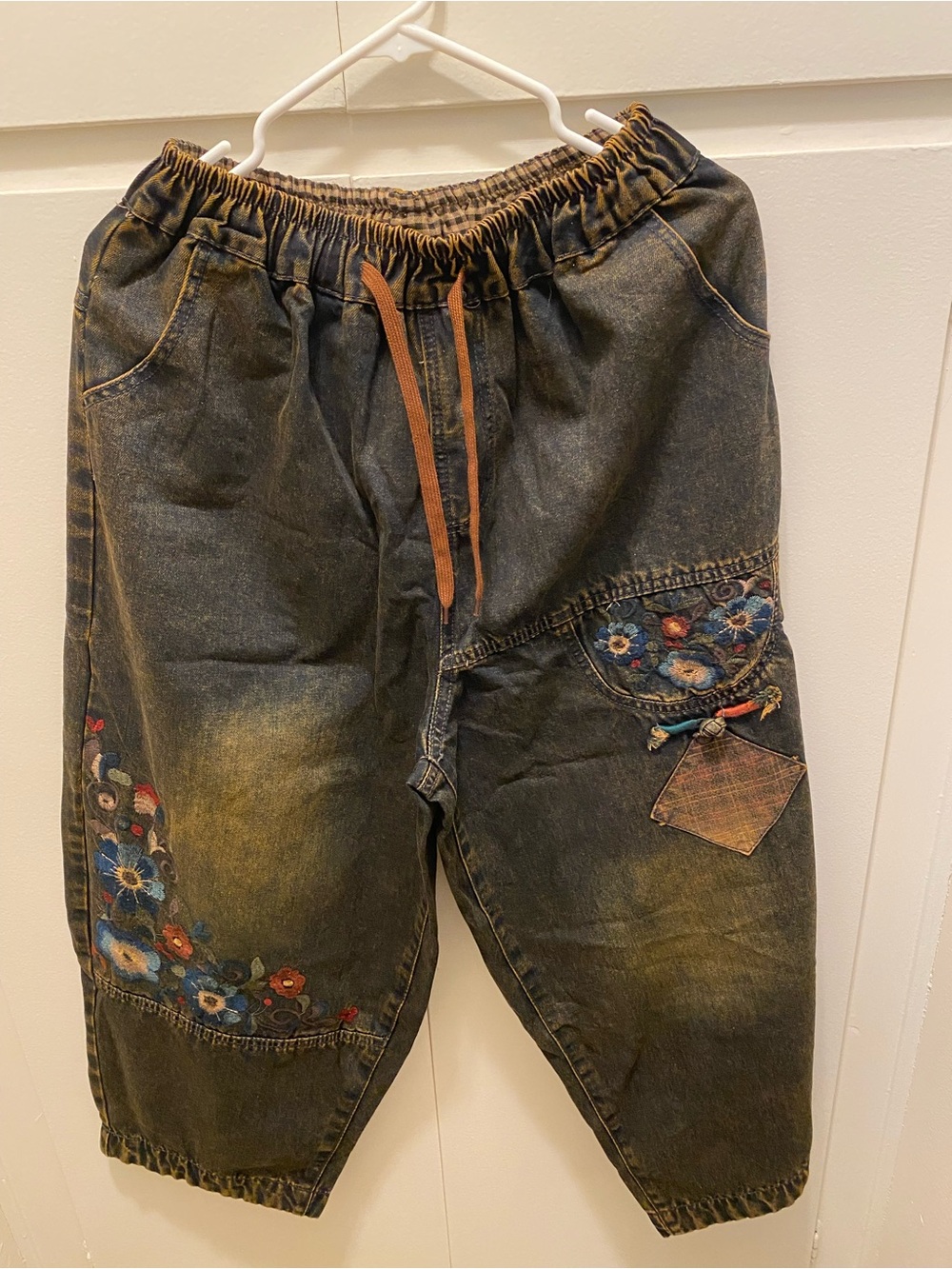 Black Washed Floral Embroidered Denim Jogger Pants